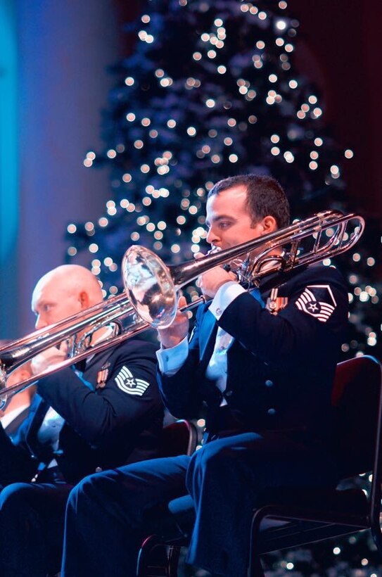 Trombonist Master Sgt David Rosengaft performs with the Concert Band's brass section during the 2016 Spirit of the Season concert at DAR's Constitution Hall. (US Air Force Photo by Chief Master Sgt Bob Kamholz/released)