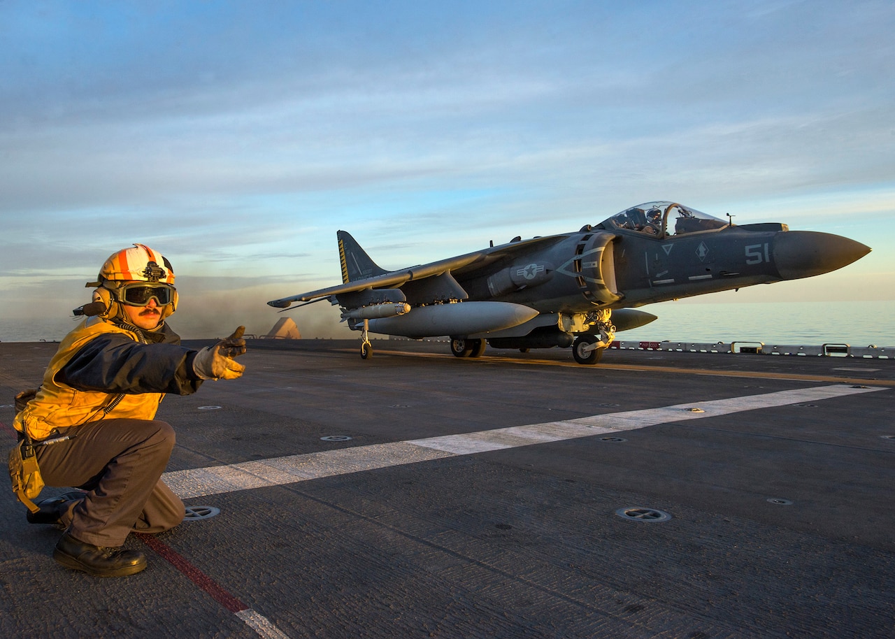 161205-N-TO519-023 
MEDITERRANEAN SEA (Dec. 5, 2016) An AV-8B Harrier, from the 22nd Marine Expeditionary Unit (MEU), takes off from the amphibious assault ship USS Wasp (LHD 1). The 22nd MEU, embarked on Wasp, is conducting precision air strikes in support of the Libyan Government aligned forces against Daesh targets in Sirte, Libya, as part of Operation Odyssey Lightning. (U.S. Navy photo by Petty Officer 2nd Class Nathan Wilkes/Released)