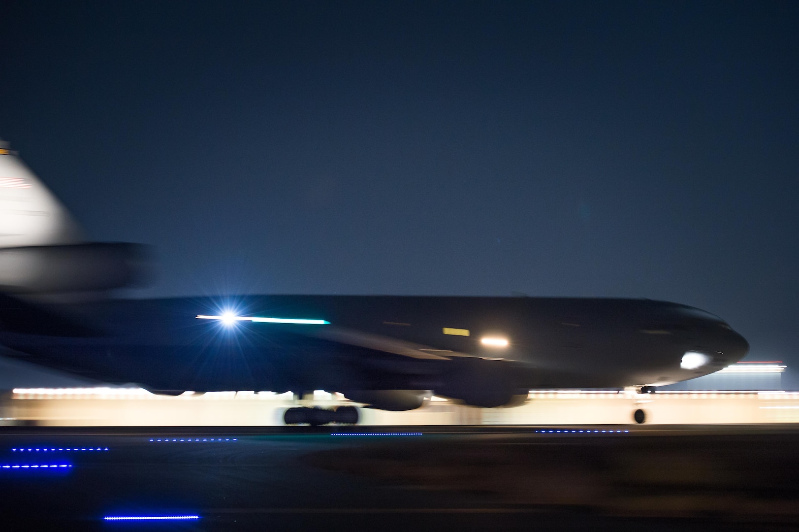 A KC-10 Extender launches from a runway at an undisclosed location in Southwest Asia, Dec. 15, 2016. Five minutes before this launch, maintenance crews fled the runway to a safe zone. Maintenance crews worked for 15 days removing excessive build up on the runway. The strategic operation successfully enabled the 380th Air Expeditionary Wing to maintain its current level of support in Combined Joint Task Force-Operation Inherent Resolve. (U.S. Air Force photo/Senior Airman Tyler Woodward)