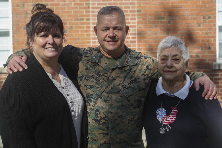 Col. Jeffrey J. Kenney, center, poses for a photo with his wife Lori Kenney, left, and mother Carmela Kenney, right, at Camp Lejeune, N.C., Nov. 8, 2016. Kenney has served in the Marine Corps for 41 years and is scheduled to retire Dec. 21, 2016. Kenney is currently the officer-in-charge of Expeditionary Operations Training Group, II Marine Expeditionary Force Headquarters Group. (U.S. Marine Corps photo by Sgt. Lucas Hopkins)