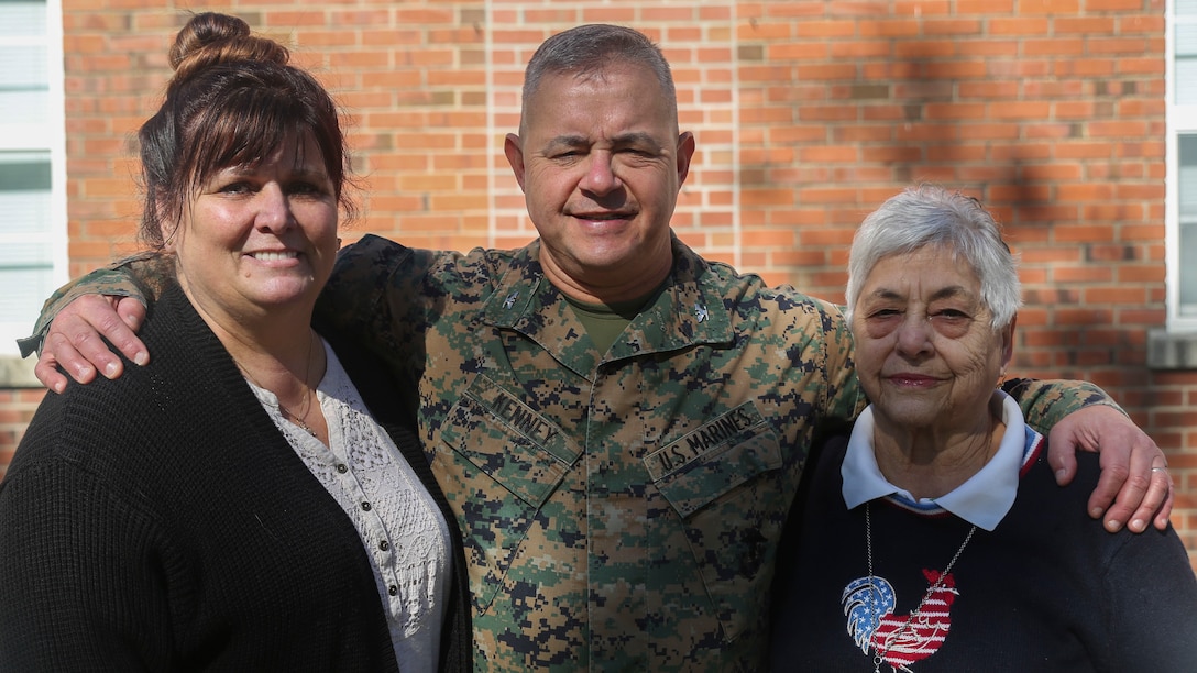 Col. Jeffrey J. Kenney, center, poses for a photo with his wife Lori Kenney, left, and mother Carmela Kenney, right, at Marine Corps Base Camp Lejeune, N.C., Nov. 8, 2016. Kenney has served in the Marine Corps for 41 years and is scheduled to retire Dec. 21, 2016. Kenney is currently the officer-in-charge of Expeditionary Operations Training Group, II Marine Expeditionary Force Headquarters Group. 