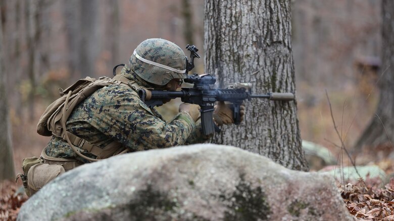 Lance Cpl. Donald A. Nixon fires rounds downrange during a deployment for training exercise at Fort Pickett, Va., Dec. 4, 2016. The range was designed for Marines to prepare for their upcoming deployment to Okinawa, Japan. Nixon is a rifleman with 3rd Battalion, 8th Marine Regiment, 2nd Marine Division. 