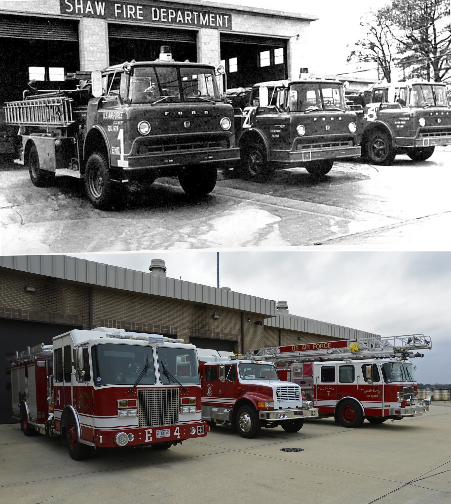 Fire trucks assigned to the 20th Civil Engineer Squadron are parked outside Shaw’s fire station at Shaw Air Force Base, S.C., 1978, top, and Dec. 20, 2016, bottom. In 1978, 20th CES firefighters used P8 and P12 fire trucks, which had little to no electronic components and a 35-foot ladder that had to be removed from the trucks by hand. Shaw’s firefighting equipment has changed since 1978, but the 20th CES mission continues to be providing aid to Team Shaw personnel, working with the local community, and resource fire protection. Today’s firefighters use the P22 and P33 models, equipped with more technology such as built in iPads and an attached automatic 75-foot ladder in addition to a removable 35-foot ladder.  (U.S. Air Force illustration by Airman 1st Class BrieAnna Stillman)