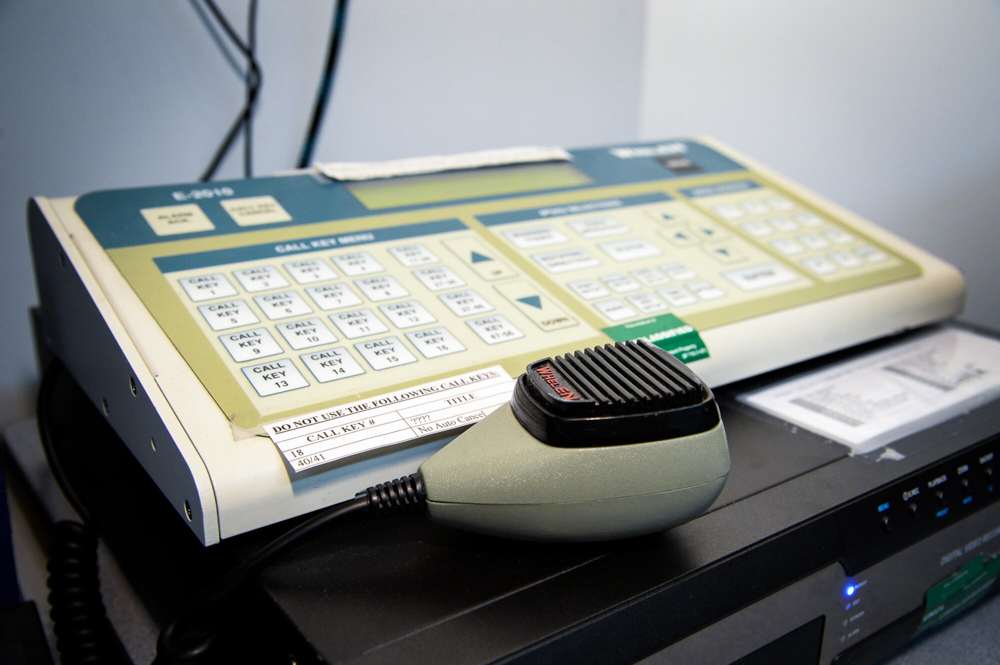 The ‘Giant Voice’ machine sits in the Hill Air Force Base Command Post, Nov. 18, 2016. Using quick-reaction checklists, specialized hotline telephone networks and essential controller judgement, command post personnel use multiple notification systems to inform base populace of impending situations and recalls. (U.S. Air Force photo by R. Nial Bradshaw)