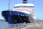 The research vessel Sally Ride is prepared for a christening ceremony at Dakota Creek Industries, Inc. shipyard in Anacortes, Wash. Sally Ride is the second in the Neil Armstrong-class of research vessels and features a modern suite of oceanographic and acoustic ocean mapping equipment. Navy photo by John F. Williams