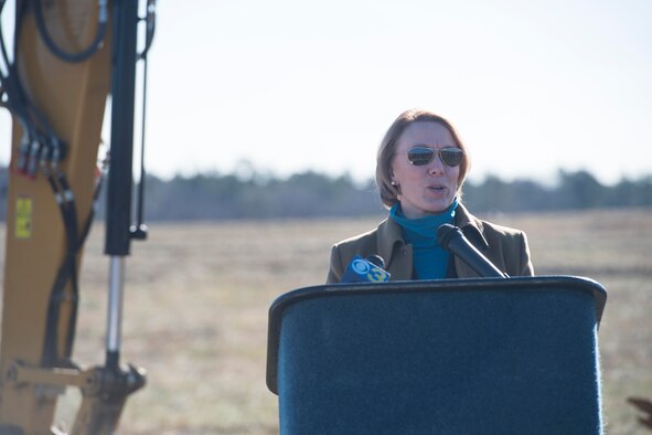 Miranda A.A. Ballentine, the assistant secretary of the Air Force for installations, environment and energy, speaks at Joint Base McGuire-Dix-Lakehurst, N.J. Dec. 21, 2016, during the ground breaking of a 16.5 megawatt solar energy project. The project will be the largest military solar installation in the Northeast and will include more than 50,000 solar panels when it’s completed in 2017. (Courtesy photo)