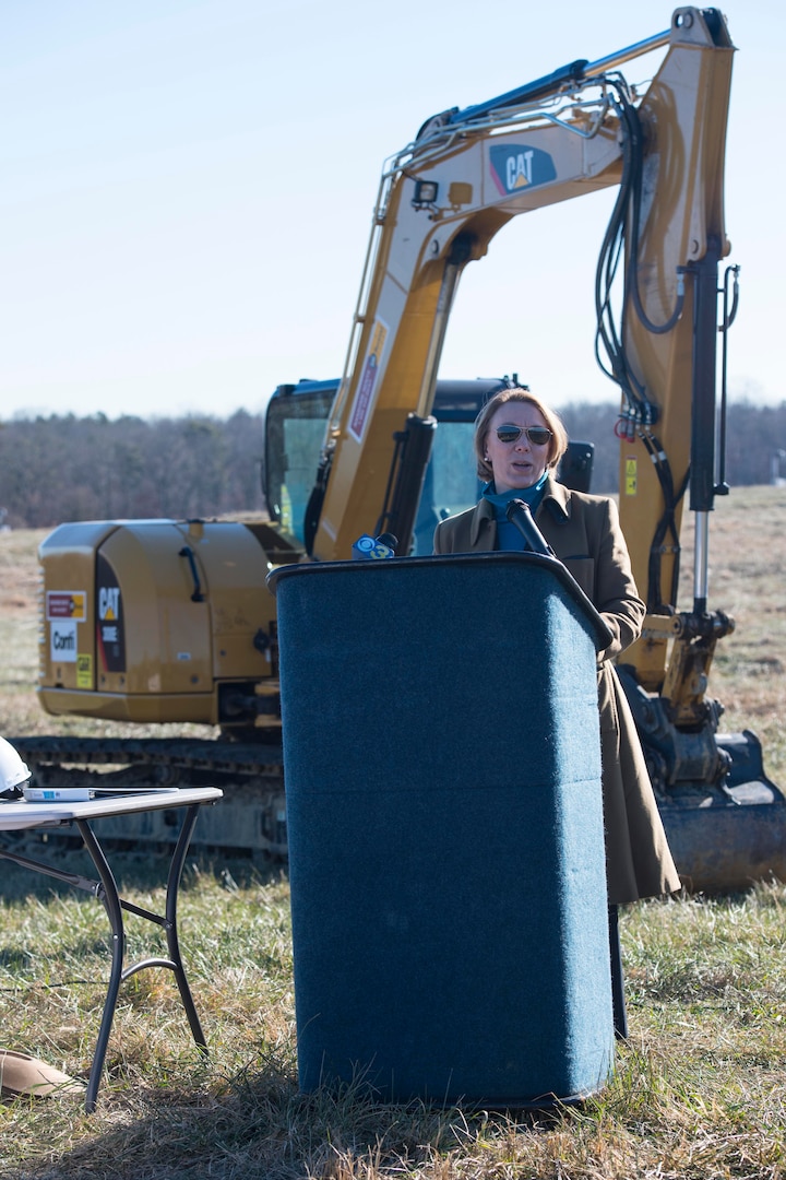 Assistant Secretary of the Air Force for Installations, Environment and Energy Miranda A.A. Ballentine speaks at the ground breaking at Joint Base McGuire-Dix-Lakehurst, N.J. Dec. 21. The 16.5 megawatt solar energy project will be the largest military solar installation in the Northeast and will include more than 50,000 solar panels when it’s completed in 2017. 