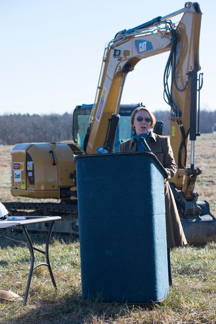 Assistant Secretary of the Air Force for Installations, Environment and Energy Miranda A.A. Ballentine speaks at the ground breaking at Joint Base McGuire-Dix-Lakehurst, N.J. Dec. 21. The 16.5 megawatt solar energy project will be the largest military solar installation in the Northeast and will include more than 50,000 solar panels when it’s completed in 2017. 