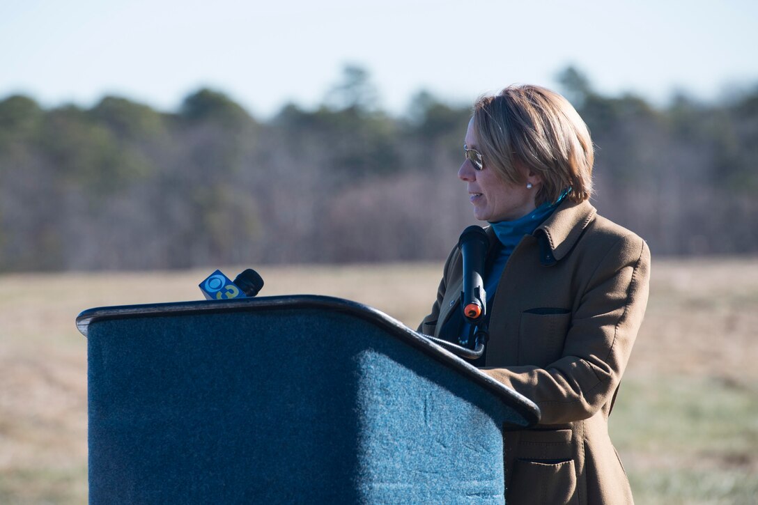 Assistant Secretary of the Air Force for Installations, Environment and Energy Miranda A.A. Ballentine speaks at the ground breaking at Joint Base McGuire-Dix-Lakehurst, N.J. Dec. 21. The 16.5 megawatt solar energy project will be the largest military solar installation in the Northeast and will include more than 50,000 solar panels when it’s completed in 2017. 