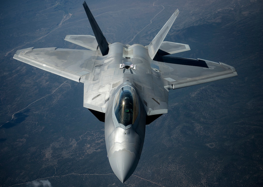 An Air Force F-22 Raptor aircraft assigned to Langley Air Force Base transits after refueling during exercise Red Flag at Nellis Air Force Base, Nev., July 18, 2016. This iteration of Red Flag specifically focused on multi-domain operations in air, space and cyberspace -- one of the future-war challenges areas that spurred the department to launch the recent Operational Challenges Crowdsourcing Initiative. Air Force photo by Tech. Sgt. David Salanitri