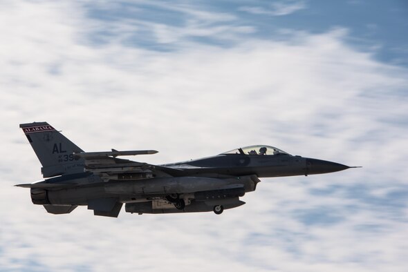 An F-16 Fighting Falcon, deployed with the 134th Expeditionary Fighter Squadron, takes off for a combat mission in Southwest Asia, Dec. 13, 2016. The unit was able to fly combat operations within 15 hours of arriving at the deployed location. (U.S. Air Force photo/Master Sgt. Benjamin Wilson)