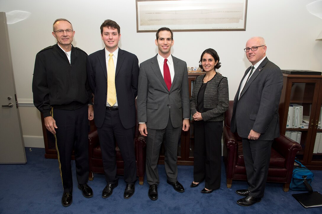 Deputy Director for Regional Operations and Force Management Army Brig. Gen. Randy George, Ryan Boone, Timothy A. Walton of the Center for Strategic and Budgetary Assessments, Deputy Assistant Secretary of Defense for Strategy and Force Development Mara E. Karlin and Assistant Secretary of Defense for Research and Engineering Steve Welby pose for a photo at the Pentagon in Arlington, Va., Dec. 20, 2016. DoD photo by EJ Hersom