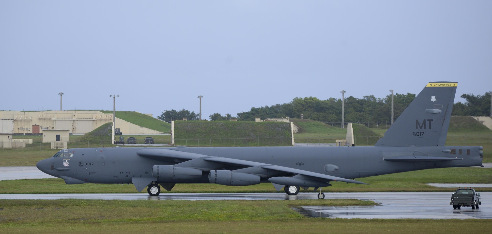 A U.S. Air Force B-52 Stratofortress taxis on a runway at Andersen Air Force Base, Guam, Dec. 17, 2016. Three B-52s from Minot Air Force Base, North Dakota, deployed to Andersen for a short-term deployment  to conduct local training sorties in the U.S. Pacific Command’s area of re-sponsibility. (U.S. Air Force photo by Staff Sgt. Benjamin Gonsier/Released)