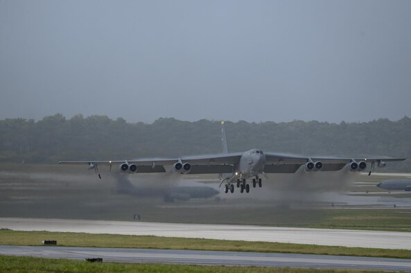 A U.S. Air Force B-52 Stratofortress takes off from Andersen Air Force Base, Guam, after a short deployment Dec. 17, 2016. This short-term deployment helped to ensure the bomber crews maintain a high state of readiness and crew proficiency, and provided opportunities to integrate capabilities with regional partners in the Indo-Asia-Pacific region. (U.S. Air Force photo by Staff Sgt. Benjamin Gonsier/Released)