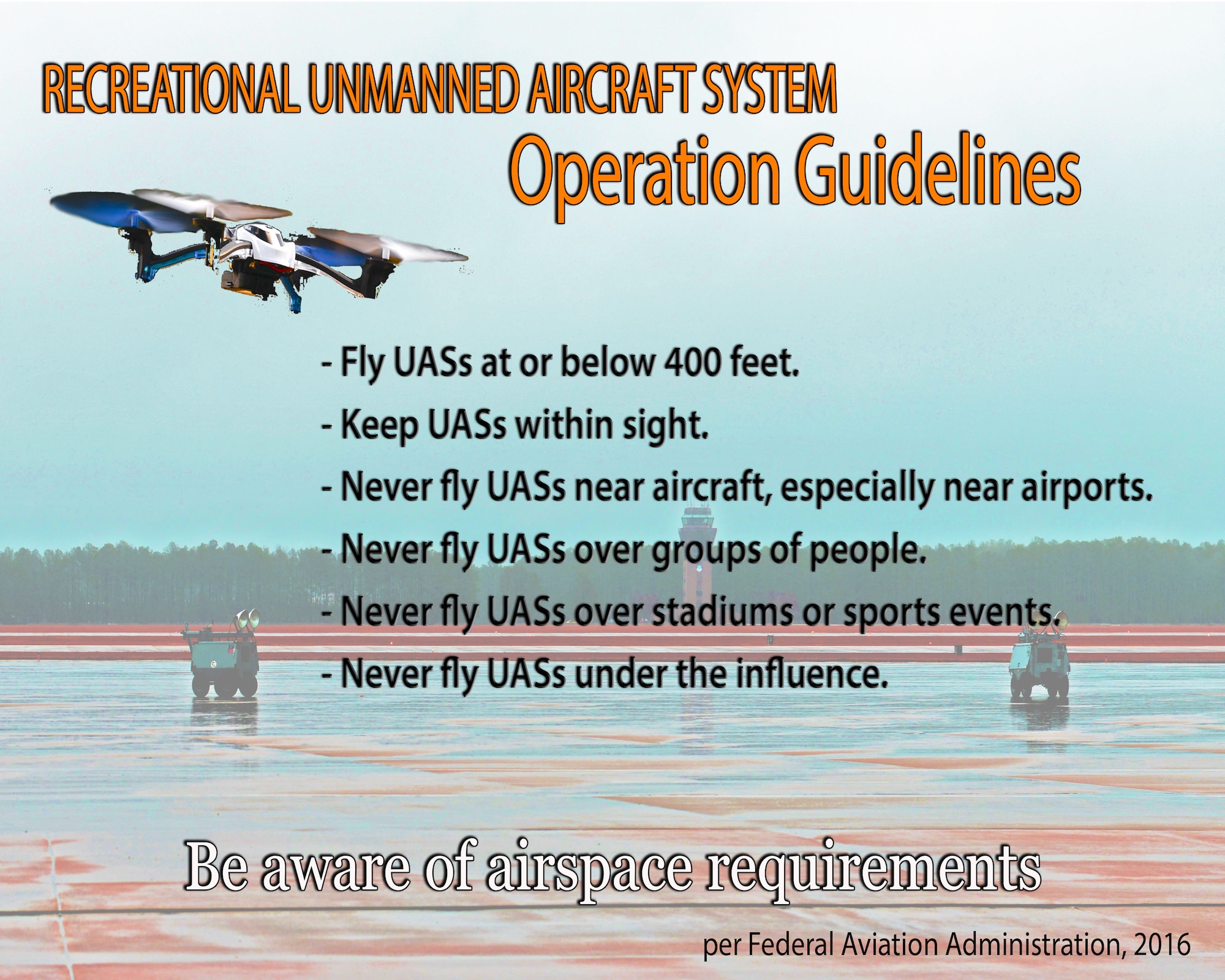 Before flying an unmanned aircraft system on or near Shaw Air Force Base, S.C., review local rules and regulations. Guidelines for Shaw AFB are provided by the Federal Aviation Administration and the Shaw AFB Plan 31-101 Integrated Defense Plan. (U.S. Air Force graphic by Airman 1st Class Destinee Sweeney)