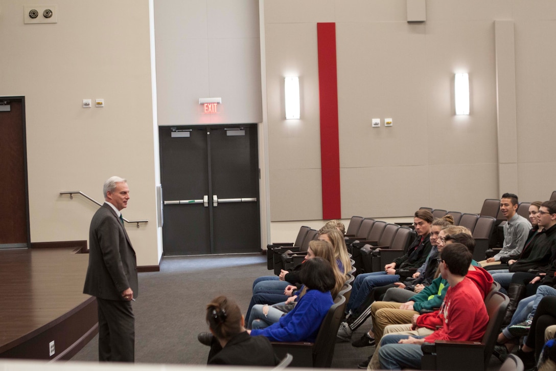 DLA Distribution chief of staff Perry Knight talks with students from Central York High School about setting life goals.