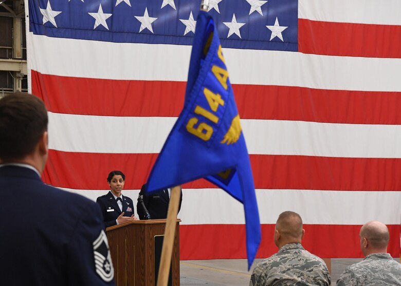 Lt. Col. Nicole Petrucci, commander, 614th Combat Training Squadron, addresses those gathered during an activation ceremony Dec. 16, 2016 at Vandenberg Air Force Base, California.  As a new squadron under the 614th Air Operations Center, the 614th CTS will provide advanced training enabling the implementation and sustainment of Space Training Transformation and Space Mission Force initiatives and constructs across the unit. (U.S. Air Force photo by Capt. Nicholas Mercurio/Released)