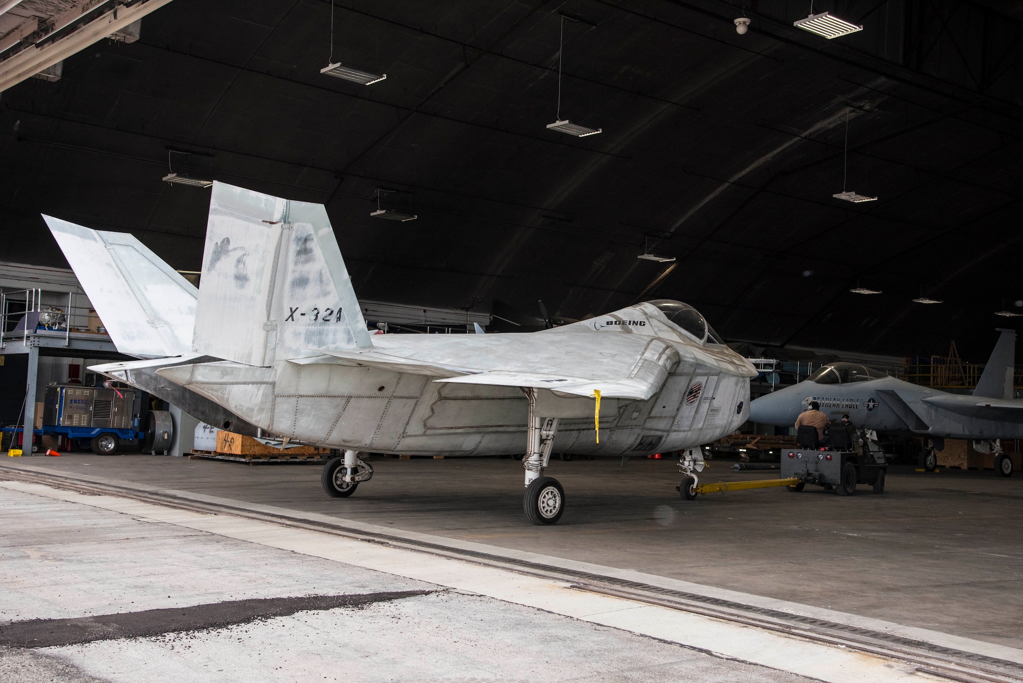 DAYTON, Ohio -- The Boeing X-32A being towed into a restoration building at the National Museum of the U.S. Air Force on Nov. 20, 2016. (U.S. Air Force photo by Ken LaRock)