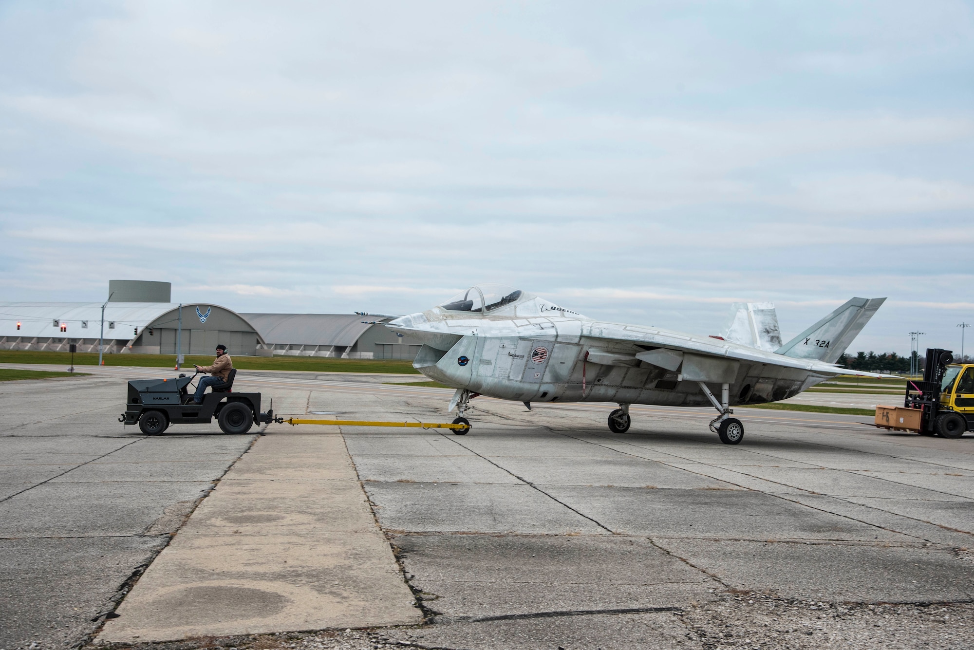 DAYTON, Ohio -- The Boeing X-32A being towed to a restoration building at the National Museum of the U.S. Air Force on Nov. 20, 2016. (U.S. Air Force photo by Ken LaRock)