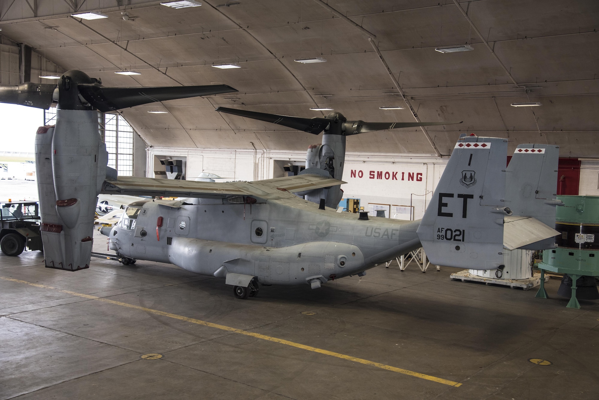 DAYTON, Ohio -- The Bell-Boeing CV-22B Osprey being towed into a restoration building at the National Museum of the U.S. Air Force on Nov. 20, 2016. (U.S. Air Force photo by Ken LaRock)
