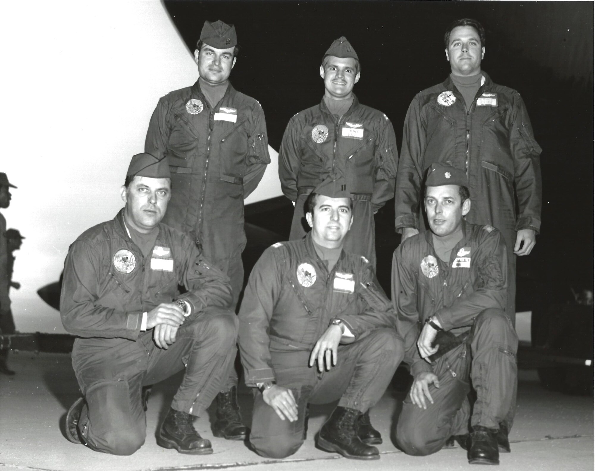 Capt. Peter Giroux, a B-52 pilot, top left, poses for a photo with his flight crew 1972 at March Air Force Base. The crew departed Utapao Airbase, Thailand, on December 22, 1972, for a mission supporting Operation Linebacker II. During the mission their aircraft was shot down and the crew was forced to eject over enemy territory. (U.S. Air Force photo)