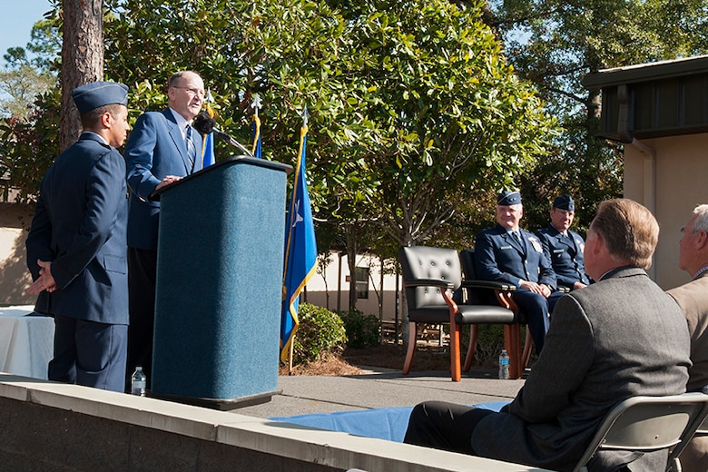 Retired Lt. Gen. Michael Short speaks during a building dedication ceremony at Hurlburt Field, Fla., Dec. 16, 2016. Short, an Air Force Academy graduate who retired from the Air Force in 2000, dedicated more than 50 years of service to the Air Force. Courtesy photo)