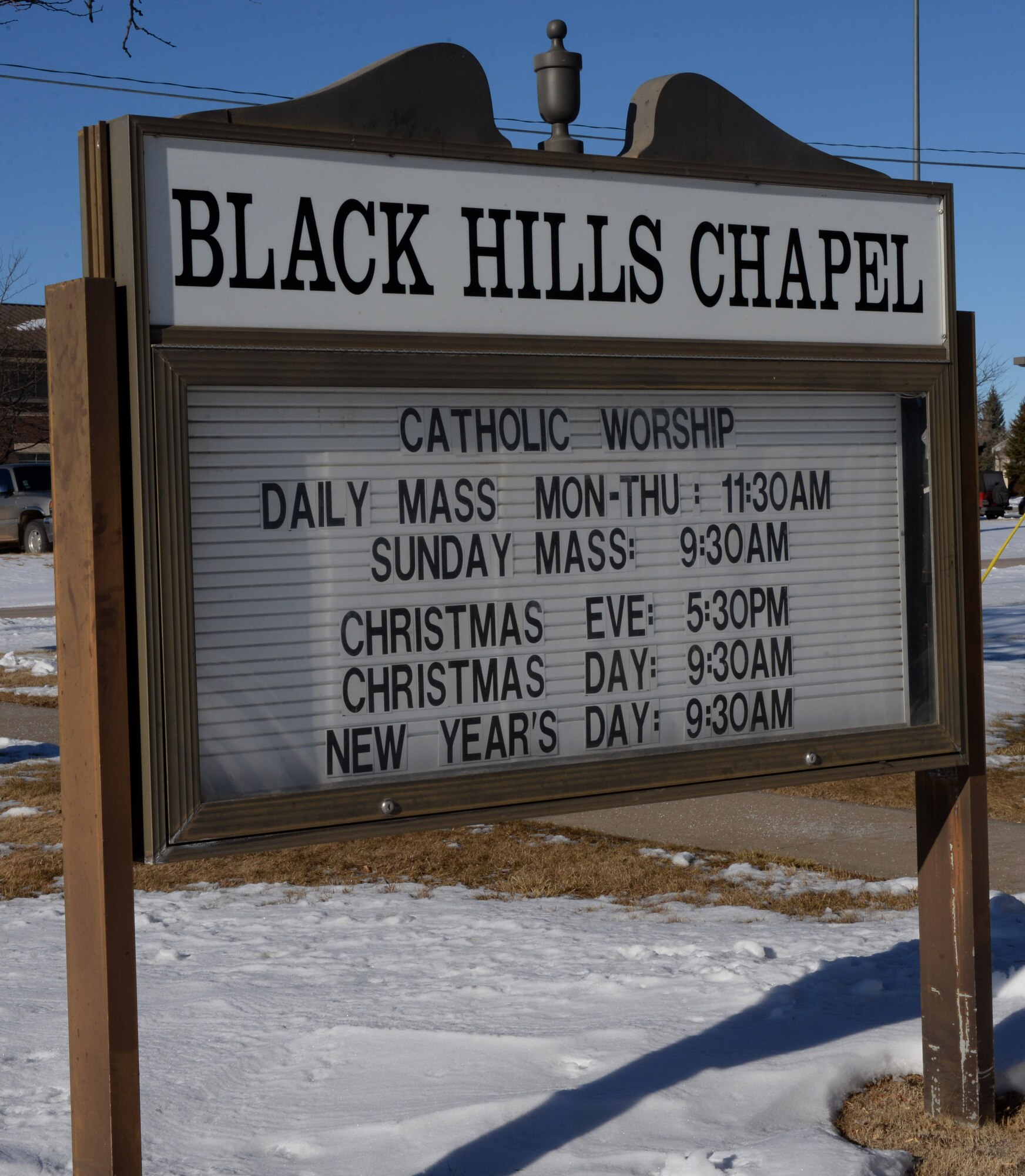 The Black Hills Chapel on Ellsworth Air Force Base, S.D., will be conducting Catholic mass during the holiday season Dec. 24 and 25, 2016. Christmas Eve mass is scheduled for 5:30 p.m., and Christmas Day mass is slated to begin at 9:30 a.m. (U.S. Air Force photo by Airman 1st Class Denise M. Jenson)