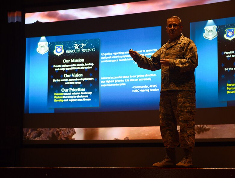Col. J. Christopher Moss, 30th Space Wing commander, presents the Wing’s mission briefing to the Inspector General team, Dec. 12, 2016, Vandenberg Air Force Base, Calif. Moss held two separate sessions of a base-wide All Call, here, Dec. 20 to discuss a variety of topics, including his priority of posturing the 30th SW for success moving forward, the results of the recent inspection, and an update on the wildland fire recovery and restoration efforts. (U.S. Air Force photo by Mike Peterson/Released)