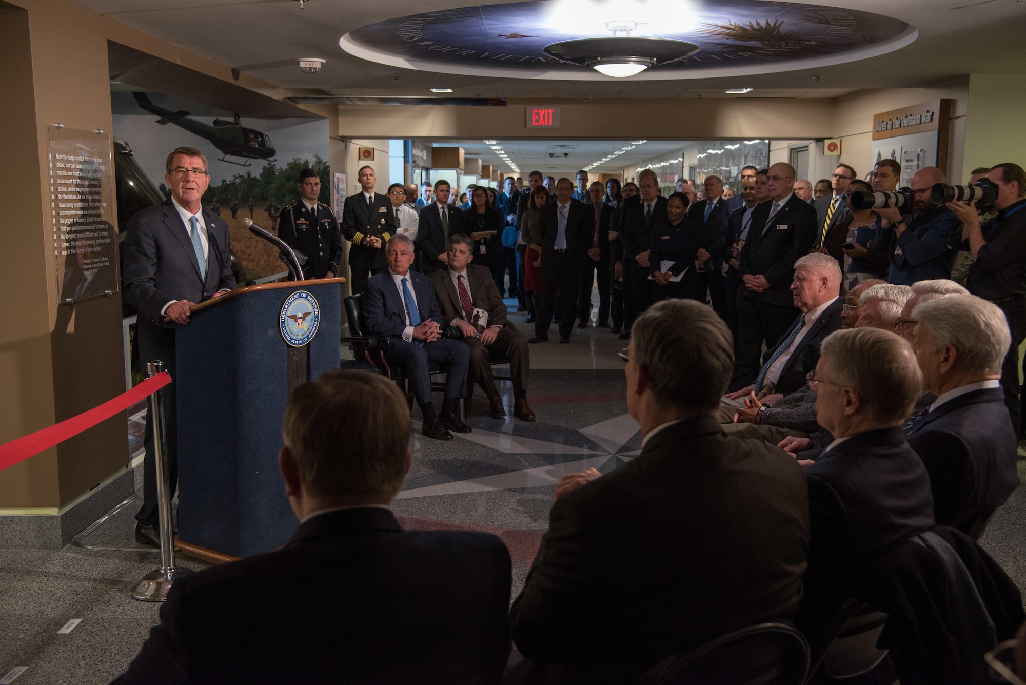 Secretary of Defense Ash Carter gives remarks during a Vietnam War hallway dedication ceremony at the Pentagon in Washington, D.C., Dec. 20, 2016. (DOD photo by U.S. Air Force Staff Sgt. Jette Carr)