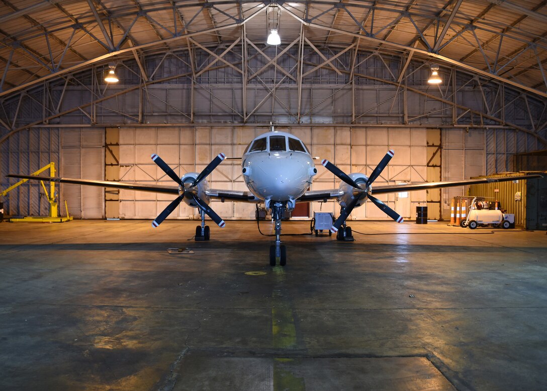 A South Carolina Army National Guard C-26 asset with Bravo Company, 2nd Battalion, 641st Aviation Regiment, sits in the hangar stationed near the Columbia Metropolitan Airport in West Columbia, South Carolina. 