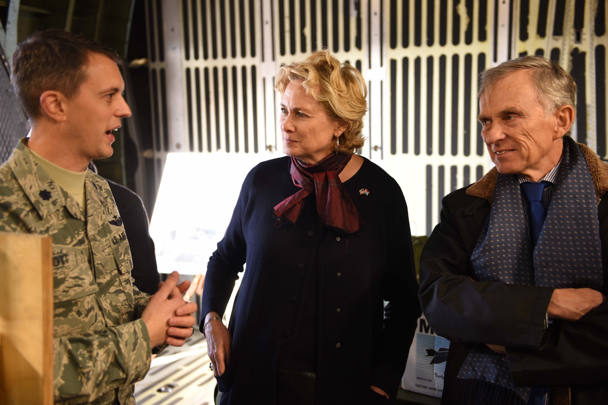 David McKean, right, U.S. Ambassador to Luxembourg, and his wife, Kathleen Kaye, middle, are briefed by Lt. Col. Chris Ott, right, 726th Air Mobility Squadron director of operations, inside a C-5M Galaxy about the aircraft's proficiency and usefulness at Spangdahlem Air Base, Germany, Dec. 20, 2016. This was McKean's first visit to the base as he was briefed by leadership about the Saber Nation mission and different capabilities of the base during his tour. McKean was sworn in as Ambassaor in March 2016. (U.S. Air Force photo by Senior Airman Joshua R. M. Dewberry)