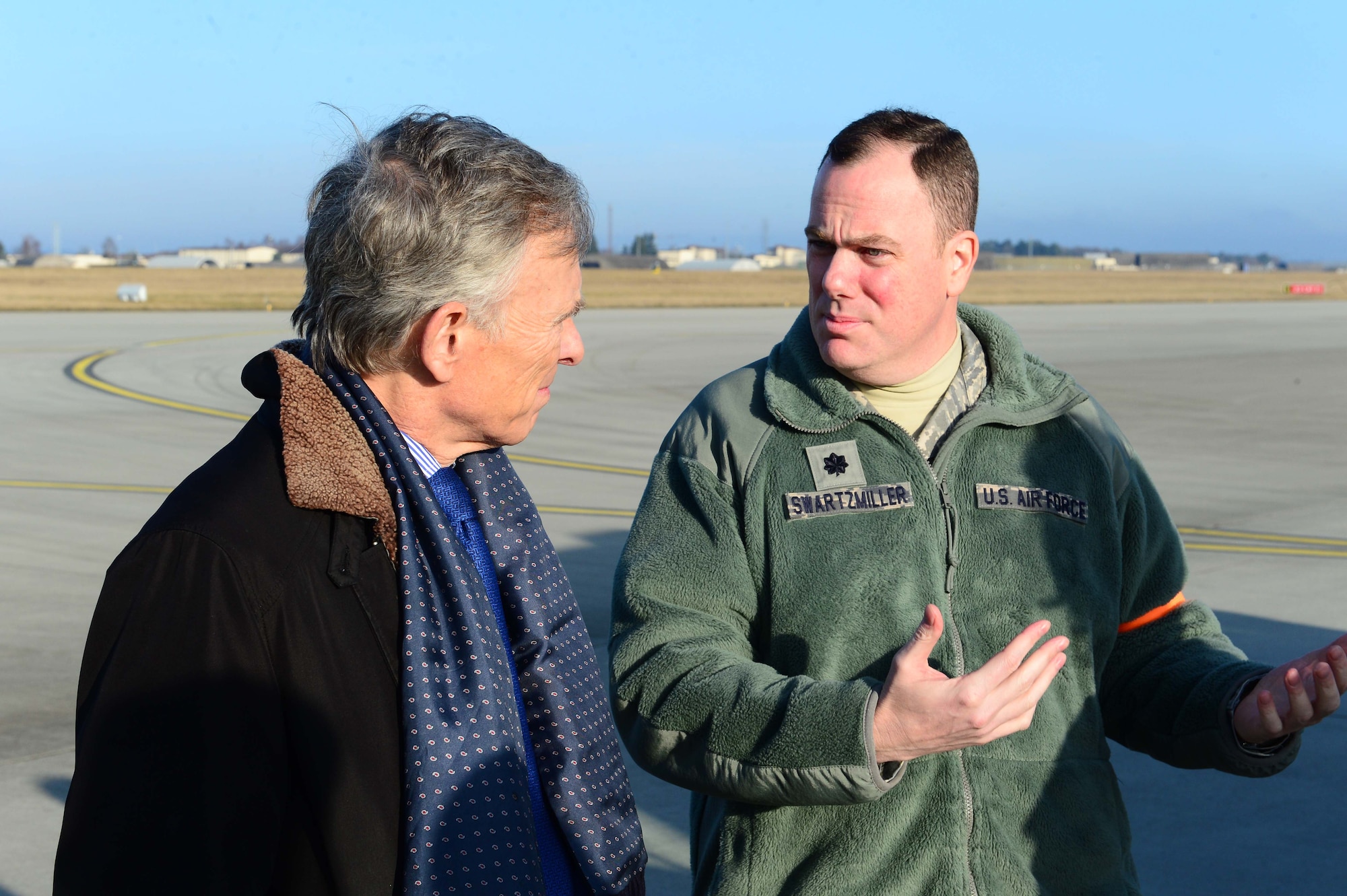 David McKean, left, U.S. Ambassador to Luxembourg, is briefed by Lt. Col. Justin Swartmiller, right, 726th Air Mobility Sqaudron commander, about the purpose and abilities of the unit at Spangdahlem Air Base, Germany, Dec. 20, 2016. This was McKean's first visit to the base as he was briefed by leadership about the Saber Nation mission and different capabilities of the base during his tour. McKean was sworn in as Ambassaor in March 2016. (U.S. Air Force photo by Senior Airman Joshua R. M. Dewberry)