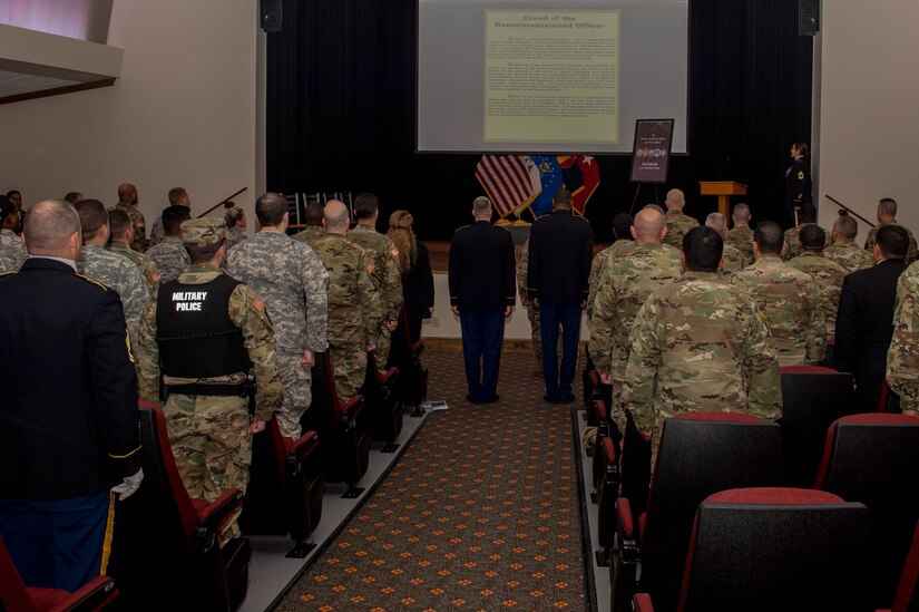 U.S. Army Soldiers recite the Creed of the Noncommissioned Officer during the NCO Corps birthday celebration at Joint Base Langley-Eustis, Va., Dec. 16, 2016. The “Blue Book,” which outlines the duties and responsibilities of a NCO, was conceived from the training objectives written by Inspector General Friedrich Wilhelm von Steuben in Dec. 1777. (U.S. Air Force photo by Airman 1st Class Derek Seifert)