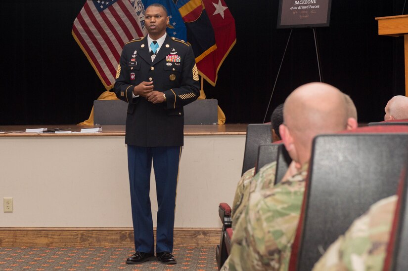 U.S. Army Command Sgt. Maj. Michael Gragg, Center for Initial Military Training command sergeant major, speaks during the NCO Corps birthday celebration at Joint Base Langley-Eustis, Va., Dec. 16, 2016. On Dec. 17, 1777, Gen. George Washington recruited former Prussian officer Friedrich Wilhelm von Steuben to Inspector General, and his mission was to strengthen the professionalism of the Continental Army through implementing an NCO Corps. (U.S. Air Force photo by Airman 1st Class Derek Seifert)