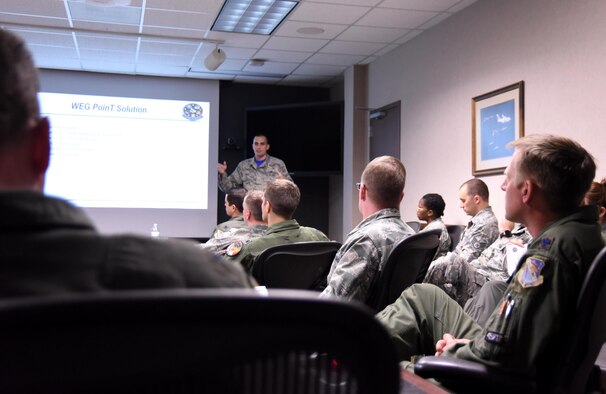 Staff Sgt. Cory Hinton, 83rd Fighter Weapons Squadron weapons evaluator, briefs members of the 53rd Weapon Evaluations Squadron leadership during the first meeting of the unit’s new Power of Innovative Thinking (PoinT) initiative. The initiative is meant to facilitate a dialog between different squadrons within the 53rd WEG to come up with plausible solutions for problems within the organization. (U.S. Air Force photo/Senior Airman Solomon Cook)