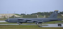 A U.S. Air Force B-52 Stratofortress takes off from Andersen Air Force Base, Guam, after a short deployment Dec. 17, 2016. This short-term deployment helped to ensure the bomber crews maintain a high state of readiness and crew proficiency, and provided opportunities to integrate capabilities with regional partners in the Indo-Asia-Pacific region.