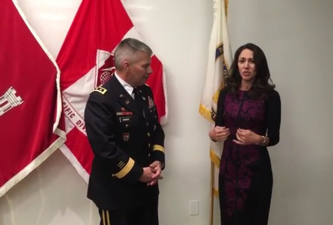 Lt. Gen. Todd Semonite, USACE Commanding General and 54th U.S. Army Chief of Engineers, reports from South Pacific Division with Cheree Peterson upon her induction into the Senior Executive Service on December 21, 2016. Peterson serves as Programs Director of USACE South Pacific Division.