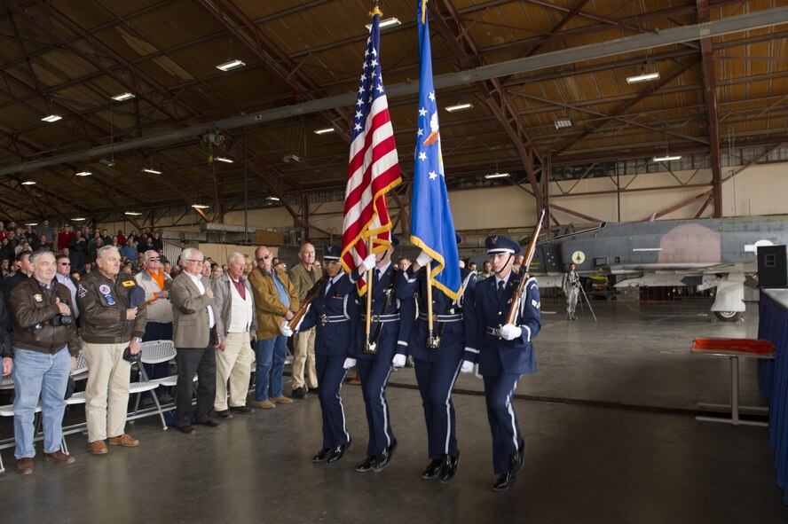 Holloman Air Force Base’s honor guard begins the QF-4 Phinal Phlight ceremony Dec. 21, 2016 at Holloman AFB, N.M. Hundreds of people were in attendance to commemorate the aircraft’s retirement, marking the end of the aircraft’s 53 years of service to the Air Force. (U.S. Air Force photo by Master Sgt. Matthew McGovern)
