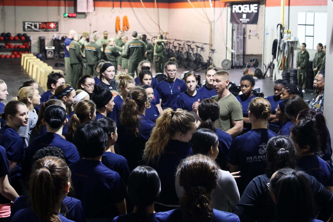 U.S. Marine Corps Maj. Andrew E. Terrell addresses the poolees of Marine Corps Recruiting Station Detroit during the recruiting station’s all-hands female pool function on December 10, 2016, in Troy, Michigan. The purpose of the pool function was to help prepare the poolees both physically and mentally for the challenges of recruit training at Marine Corps Recruit Depot Parris Island, South Carolina. Terrell is the commanding officer of RS Detroit. (U.S. Marine Corps photo by Sgt. J. R. Heins/ Released)