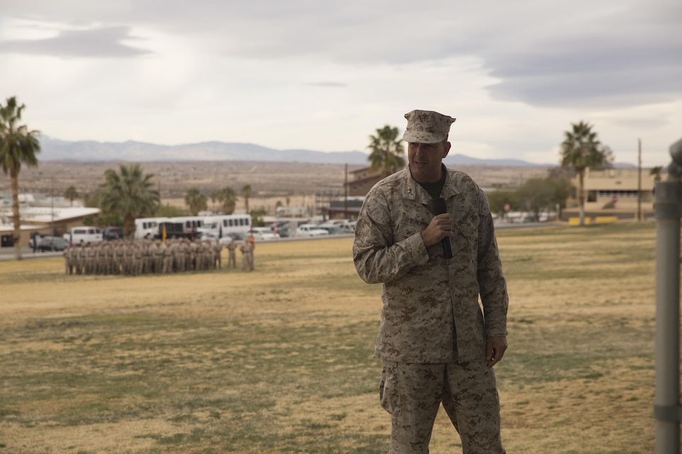 Maj. Gen. Daniel O'Donohue, 1st Marine Division Commanding General, speaks to the crowd during 2nd Battalion, 7th Marine Regiments change of command ceremony at Lance Cpl. Torrey L. Gray Field aboard Marine Corps Air Ground Combat Center Twentynine Palms, Calif., Dec. 15, 2016. Lt. Col. Christopher T. Steele relinquished command of 2/7 to Lt. Col. Jonathan Q. Kenney. (Official Marine Corps Photo by Cpl. Julio McGraw/Released)