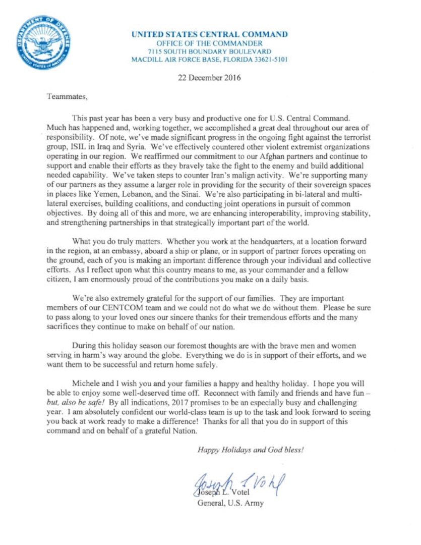 Holiday Message from USCENTCOM Commanding General Votel