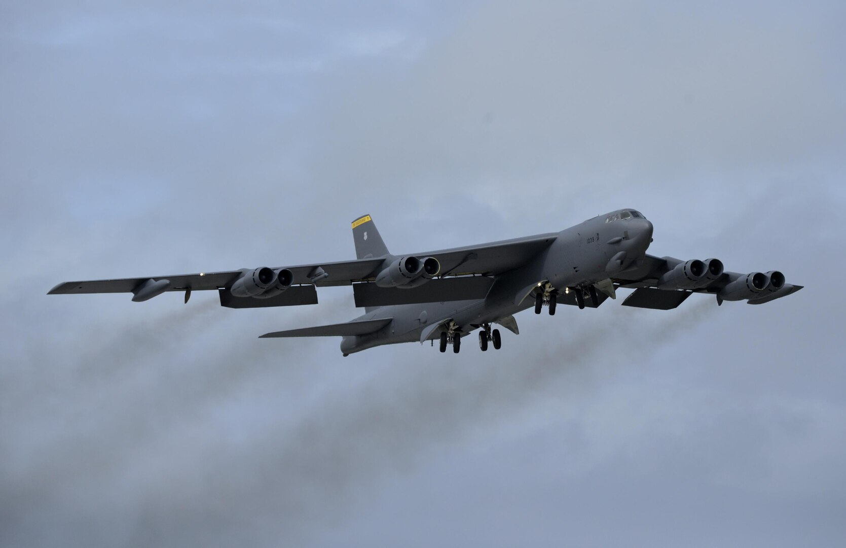 A U.S. Air Force B-52 Stratofortress takes off from Andersen Air Force Base, Guam, after a short deployment Dec. 17, 2016. This short-term deployment helped to ensure the bomber crews maintain a high state of readiness and crew proficiency, and provided opportunities to integrate capabilities with regional partners in the Indo-Asia-Pacific region.