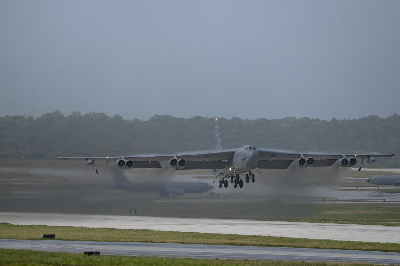 A U.S. Air Force B-52 Stratofortress takes off from Andersen Air Force Base, Guam, after a short deployment Dec. 17, 2016. This short-term deployment helped to ensure the bomber crews maintain a high state of readiness and crew proficiency, and provided opportunities to integrate capabilities with regional partners in the Indo-Asia-Pacific region.