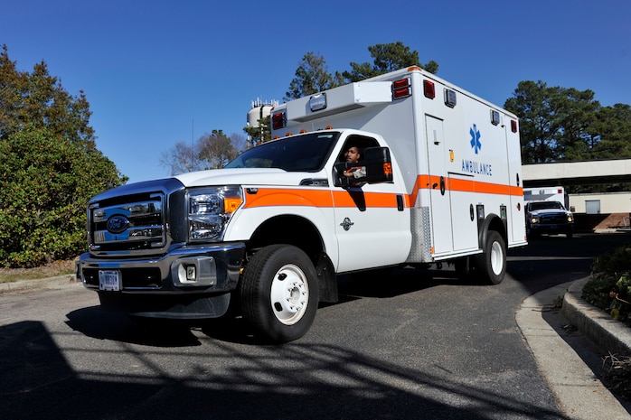 The 628th Medical Group Field Response Team responds to an emergency call during a mass casualty exercise at Joint Base Charleston, South Carolina on Dec. 21, 2016. The exercise, which included Trident Medical Center, tested the response time for a major incident, triage abilities and sheltering in place procedures. 