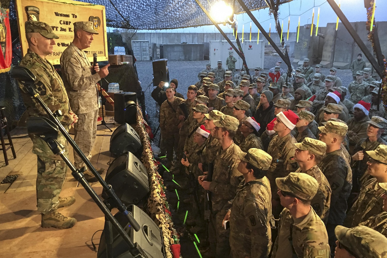 Marine Corps Gen. Joe Dunford, chairman of the Joint Chiefs of Staff, tells service members at Qayyarah West Airfield, Iraq, Dec. 25, 2016, that they are making a difference in the fight against the Islamic State of Iraq and the Levant, and proving that American sacrifices in Iraq are worth it. Dunford brought a USO show to the base for Christmas. DoD photo by Jim Garamone