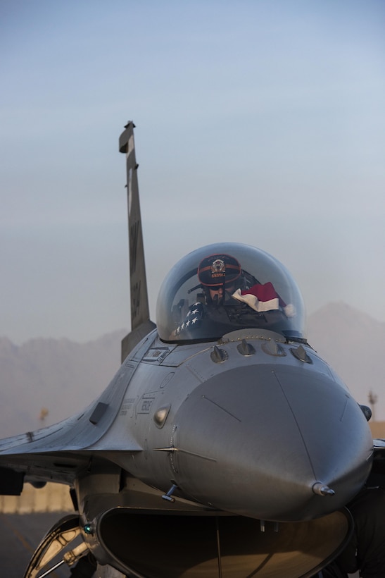 Capt. Ashton, 79th Expeditionary Fighter Squadron F-16 Fighting Falcon pilot, prepares to taxi before launching on a mission Dec. 25, 2016 from Bagram Airfield, Afghanistan. While units offered their members time to connect with families and celebrate Christmas, the mission still continued and 679 operations were flown that day. (U.S. Air Force photo by Staff Sgt. Katherine Spessa)