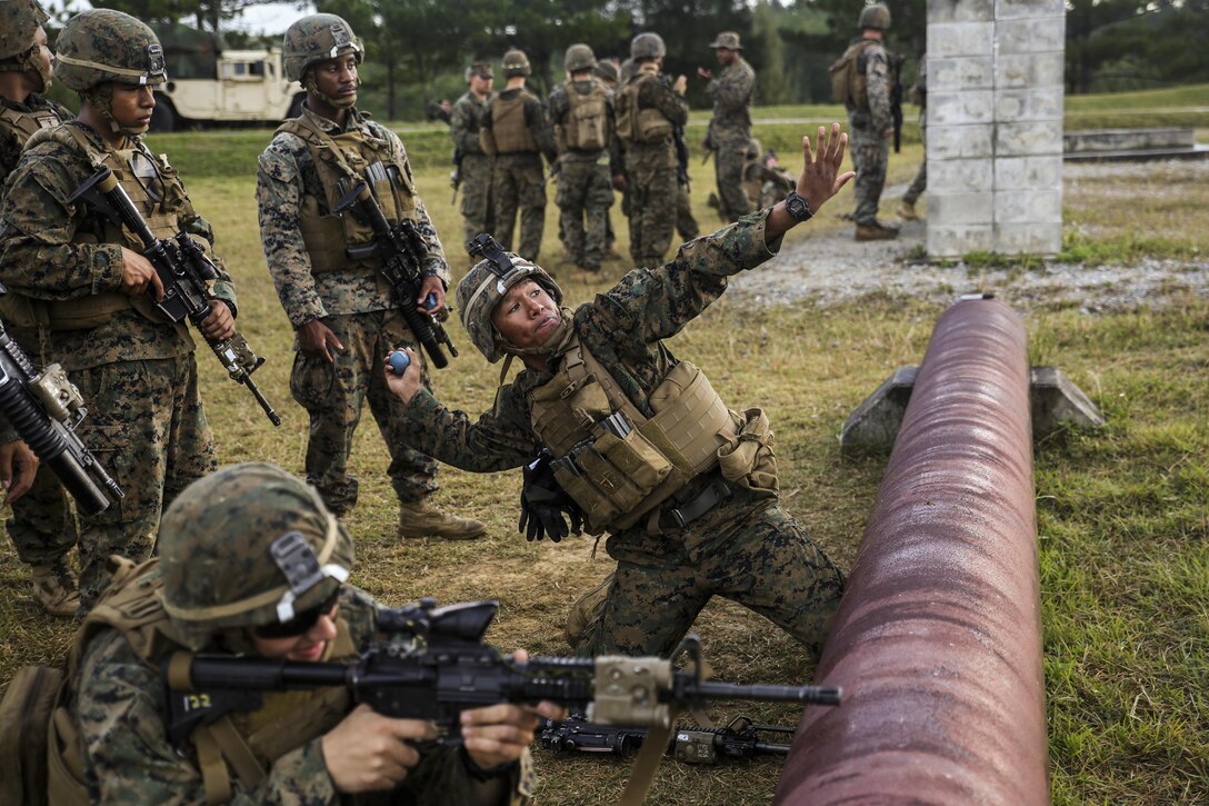 Marine Corps Lance Cpl. Samuel Ricario throws a training grenade from the kneeling position at Camp Hansen, Okinawa, Japan, Dec. 22, 2016. Ricario is an automatic rifleman assigned to Fox Company, Battalion Landing Team, 2nd Battalion, 5th Marine Regiment, 31st Marine Expeditionary Unit. The air-ground-logistics team provides a flexible force, ready to perform a wide range of military operations throughout the Indo-Asia-Pacific region. Marine Corps photo by Lance Cpl. Jorge A. Rosales