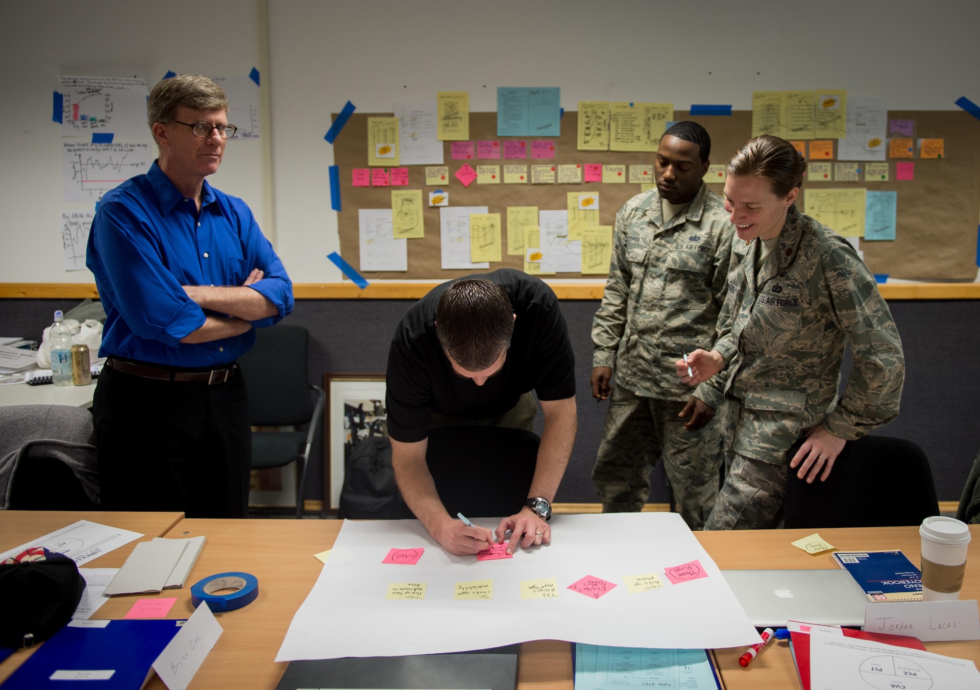 Airmen use a problem solving flow chart during a Green Belt training course at Ramstein Air Base, Germany, Dec. 15, 2016. Green Belt is a continuous process improvement initiative created in the commercial sector and harnessed by the Air Force to find better ways to accomplish the mission. This course was a streamlined version of the Green Belt course and is the first in the Air Force. (U.S. Air Force photo by Tech. Sgt. Ryan Crane)