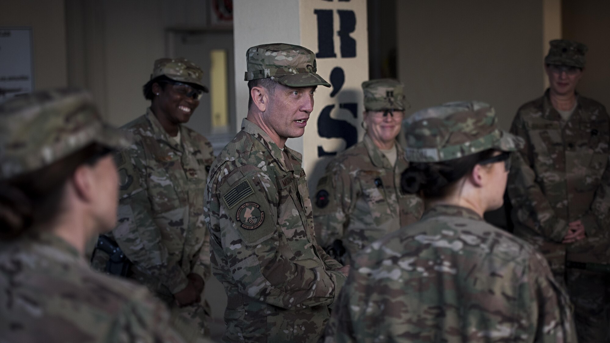 U.S. Air Forces Central Command Chief Master Sgt. Joseph Montgomery speaks to Airmen with the 455th Expeditionary Medical Operations Squadron’s En-Route Patient Staging Flight during a visit to Bagram Airfield, Afghanistan, Dec. 23, 2016. The ERPS team here is comprised of reservists and Montgomery took the opportunity to discuss the importance of the Air Force Reserve and thank them for their service. (U.S. Air Force photo by Staff Sgt. Katherine Spessa)