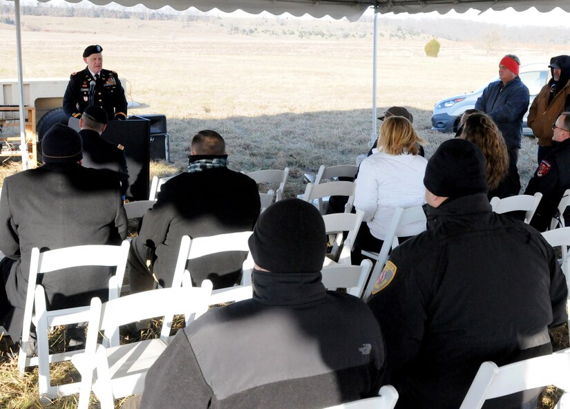 TONGANOXIE, Kansas (December 13, 2016) – Colonel Kurt Wagner, standing left, 88th Regional Support Command’s Directorate of Public Works director, addresses the crowd during the groundbreaking ceremony for the Tonganoxie Army Reserve Center that is scheduled to open by January 2019 in the eastern Kansas plains.